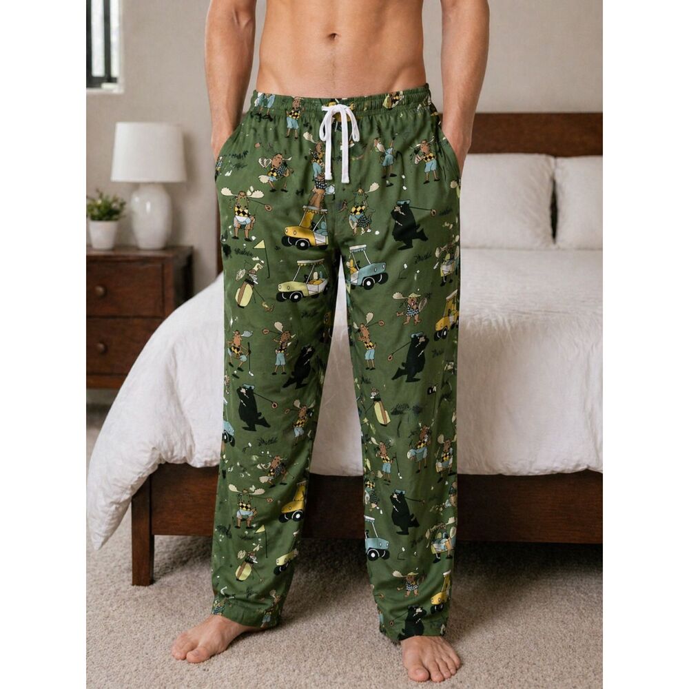 Lazy One Golf Print Pajama Pants L Green Lounge Sleep Pants Drawstring #9